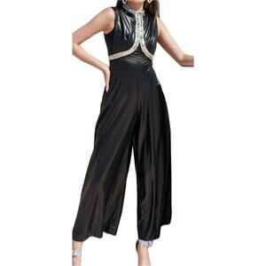 Vintage 1960s Black Jumpsuit Silver Studded Trim Wide Leg Faux-Leather Feel Sm/M